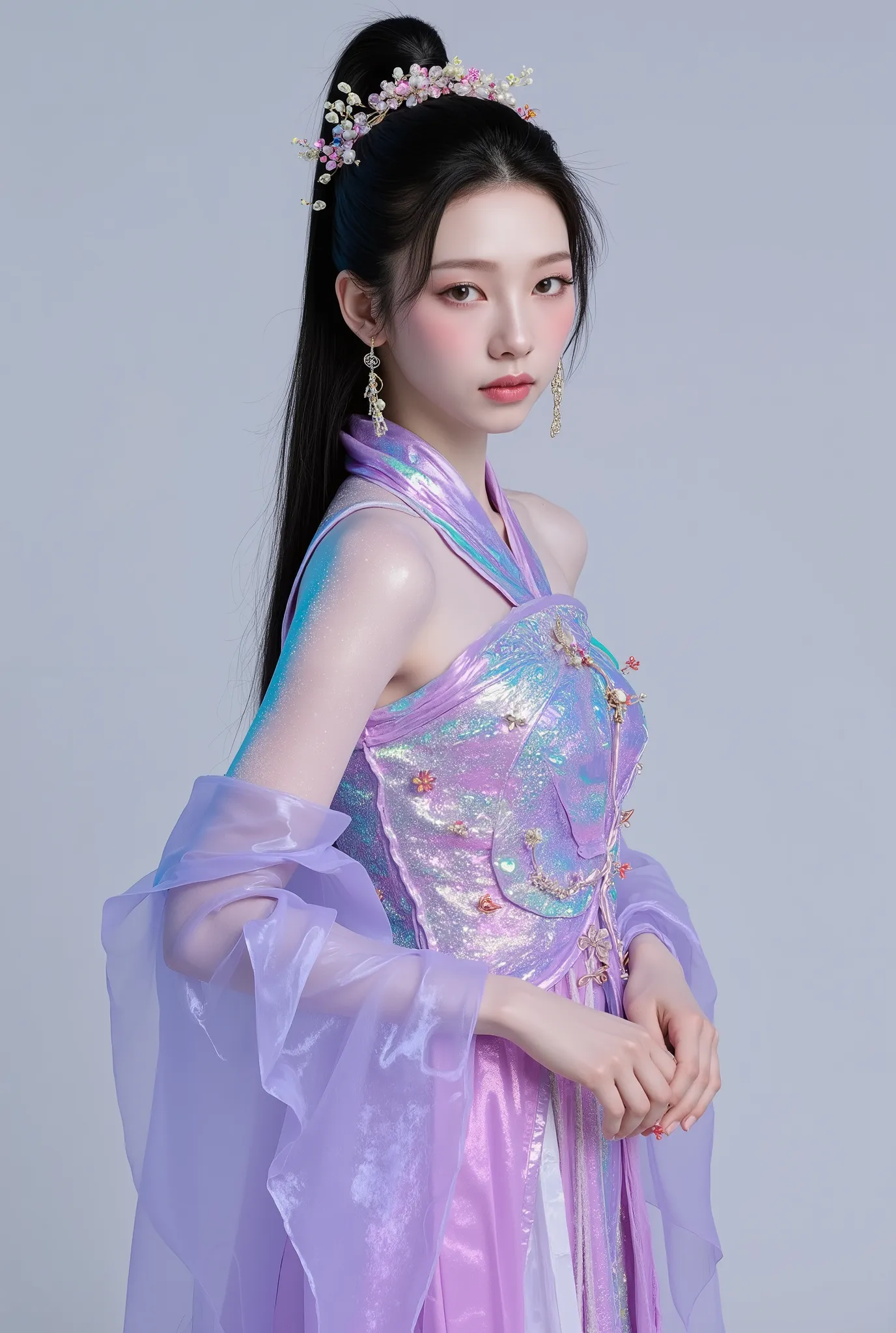 (Full Body), A luminous Korean beauty from ancient dynasties (221 BCE - 220 CE) stands majestically against a neutral background, her vibrant raibow twotone Wuxia attire radiating an otherworldly aura. David Lachapelle's lens captures the frozen moment of ...