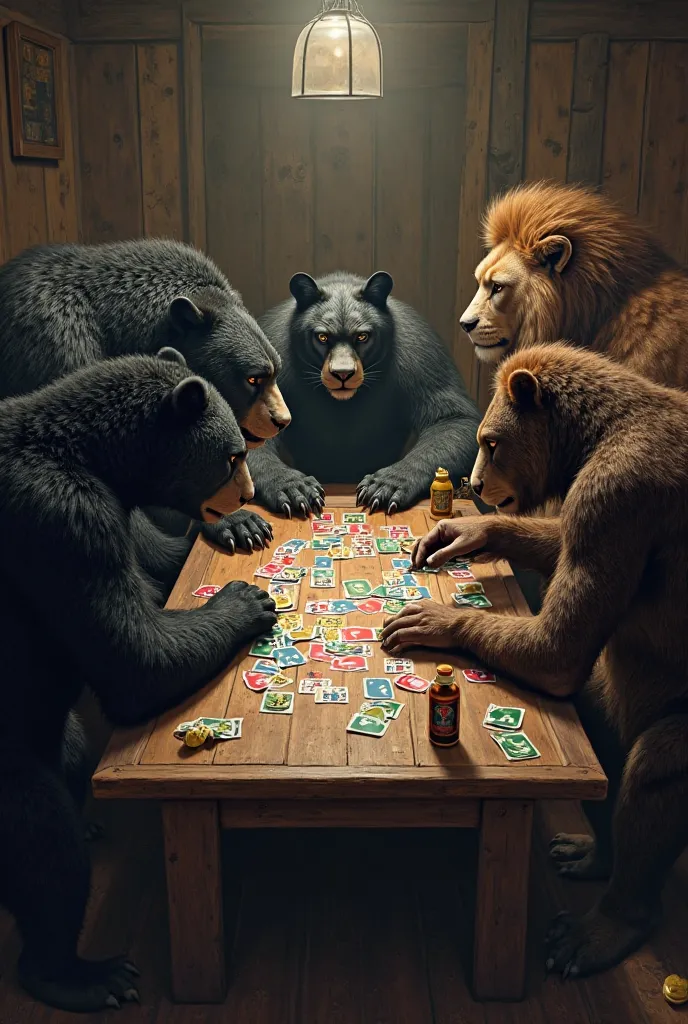 Draw one bear one black panther one lion one gorilla playing Uno get 4 animals in total get tough and scary 