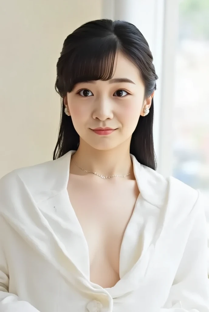 selfie style。Young Japanese woman in a white shirt。 All the buttons on the shirt come off, Exposing all of her cleavage.。is not wearing underwear。 bright living room。selfie style。