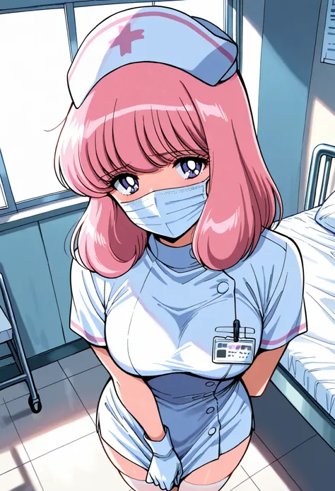 Score_9, score_8_up, score_7_up, source_anime, nakajima_noriko, solo, medium hair, pink hair, purple eyes, (best quality), (high quality), {masterpiece}, extremely delicate and beautiful, ultra-detailed, beautiful detailed eyes, nurse, nurse hat, ((white n...