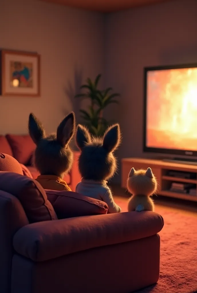 make 3 s watching tv, they are with their backs turned looking at the big tv in front of them in a living room, the s in the bottom left corner and the tv on the right side, i want it in pixar style