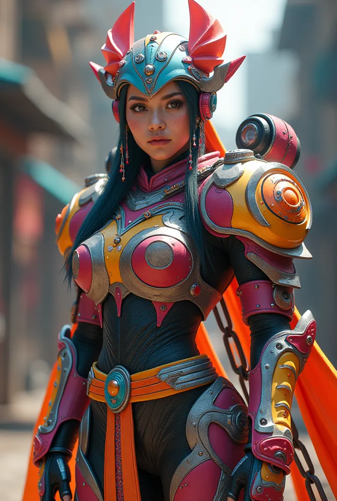 The image features a character in vibrant, colorful armor with a mix. The character is holding a futuristic, multi-colored, and is adorned with a headpiece and various accessories, rendered in hyper-realistic and photorealistic style with intricate details...