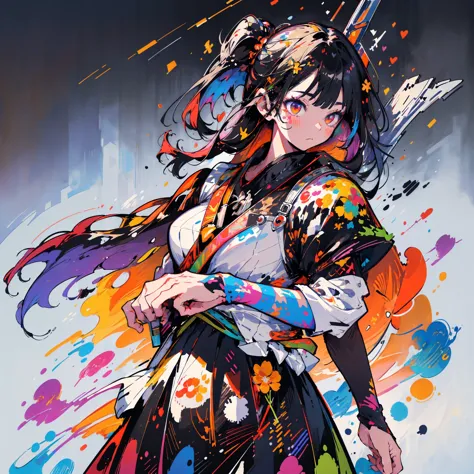 masterpiece, full body、Top Quality, female、Age 25、Six-headed、solo、rainbow色の飛沫、solo,  (Doodle:1.5),  paint splatter, , Body Paint,rainbow色な髪, with golden eyes, rainbow、 splash 、colorful、 face paint、 Maid Cosplay, Giant Axe、Axe、Fighting spirit、fight、Armament...