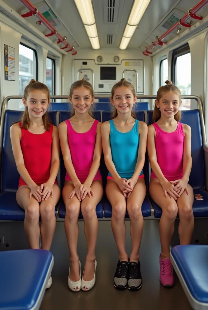 four cute slovak girls, they appear to be aged 14, sitting on train seat, whole body, (Smiling at the photographer), trainers on their feet, skinny athletic bodies, budding, developing, (wearing bright-colored gymnastic leotards), ultra realistic, detailed...