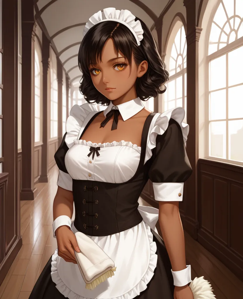 beautiful,cool,Osman,small girl,(((medium black hair))),Amber eyes,tsurime,19 years old,((((Brown Skin)))),1940s,Wearing Unexposed Victorian Maid uniform,Cleaning the hallway