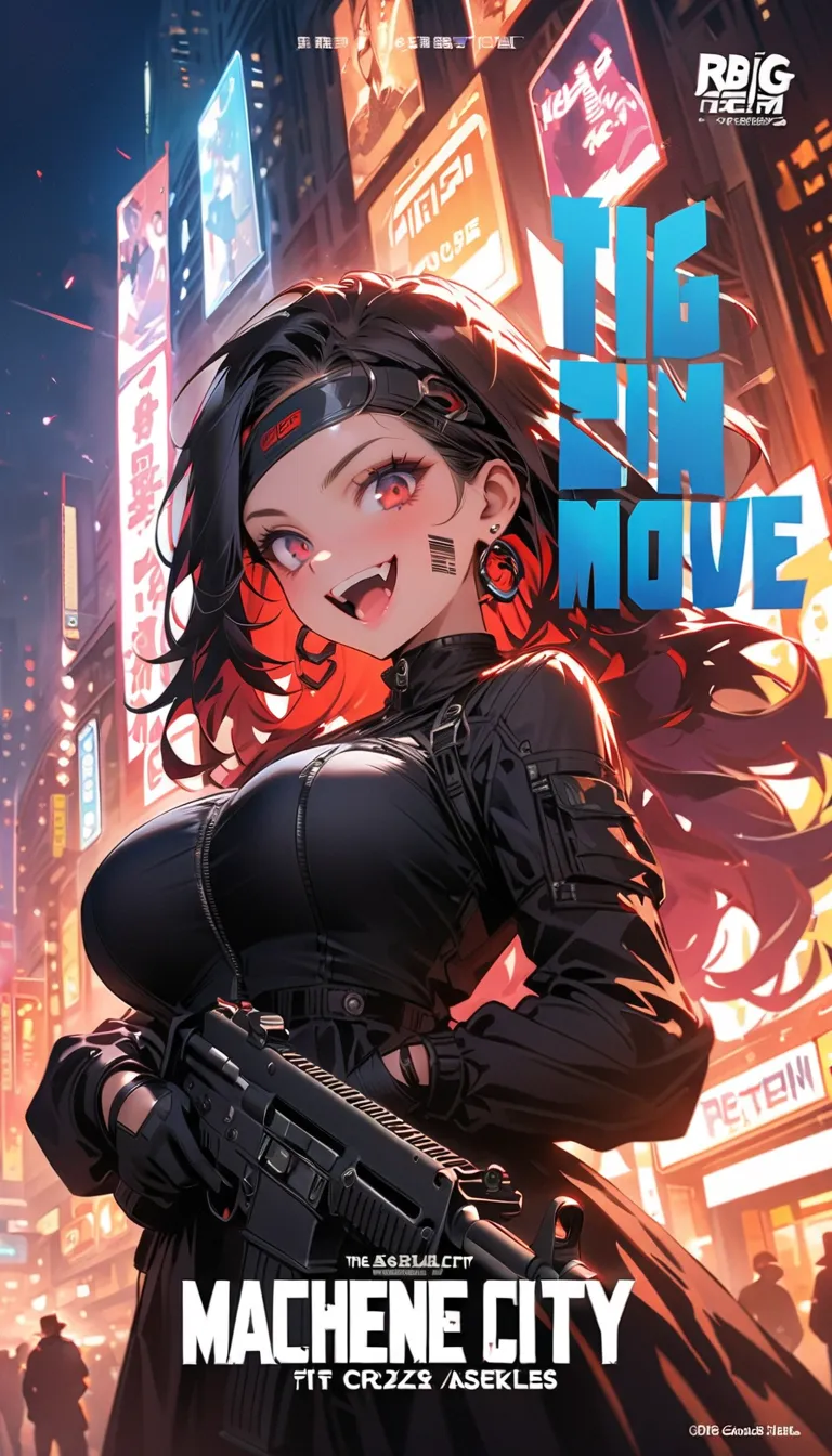 (beautiful girl : 1.3),1 girl,(protective clothing,headband,earrings,assault rifle),Blue Hair,Drill Hair,Forehead,barcode tattoo on cheek,crazy smile,Reckless attitude,Evil face,Provocative attitude, with sharp eyes ,Cyberpunk,the neon city at night,Machin...