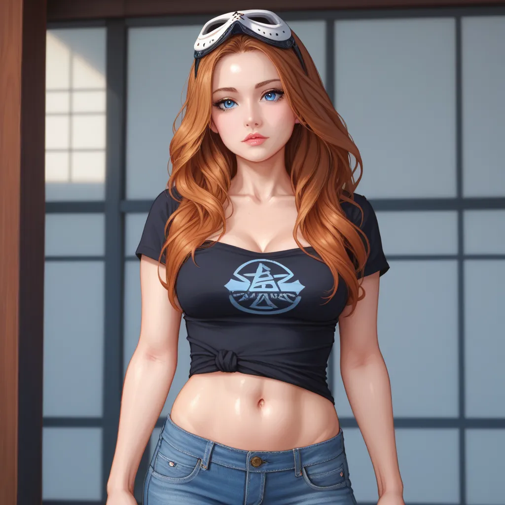 A girl, chest, accurate,  Day, very detailed before the point of view,  long hair, shiny hair on the forehead, chest,  blue eyes, is expressionless,  mask placed over the head, jeans, Belly T-shirt, Tube top , Japanese illustration style,Precision,고화질,Deta...