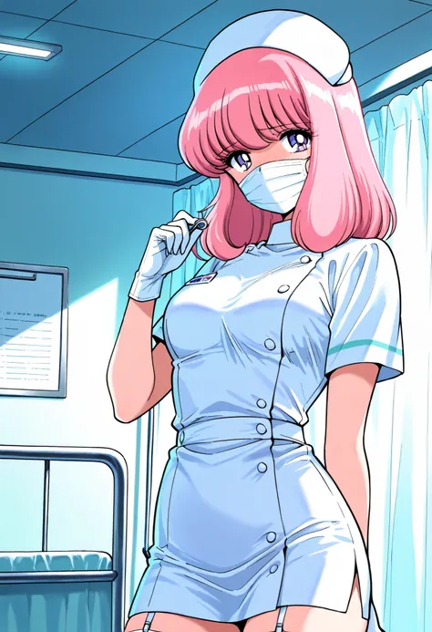 Score_9, score_8_up, score_7_up, source_anime, nakajima_noriko, solo, medium hair, pink hair, purple eyes, (best quality), (high quality), {masterpiece}, extremely delicate and beautiful, ultra-detailed, beautiful detailed eyes, nurse, nurse hat, ((white n...