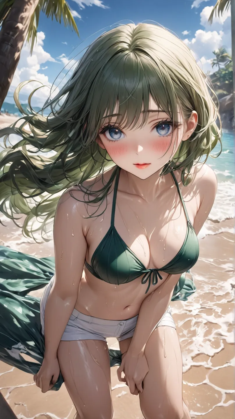 (masterpiece, detailed:1.2),  1girl , black gree hair, very shy eyes、((A dark green swimsuit with a shiny texture)), (( white shorts))、((half-taken off bottoms)), ((((shy, blush))),((low twin tail)), (汗 soaked), ( sexy), ((((medium breasts)))) (( wet cloth...