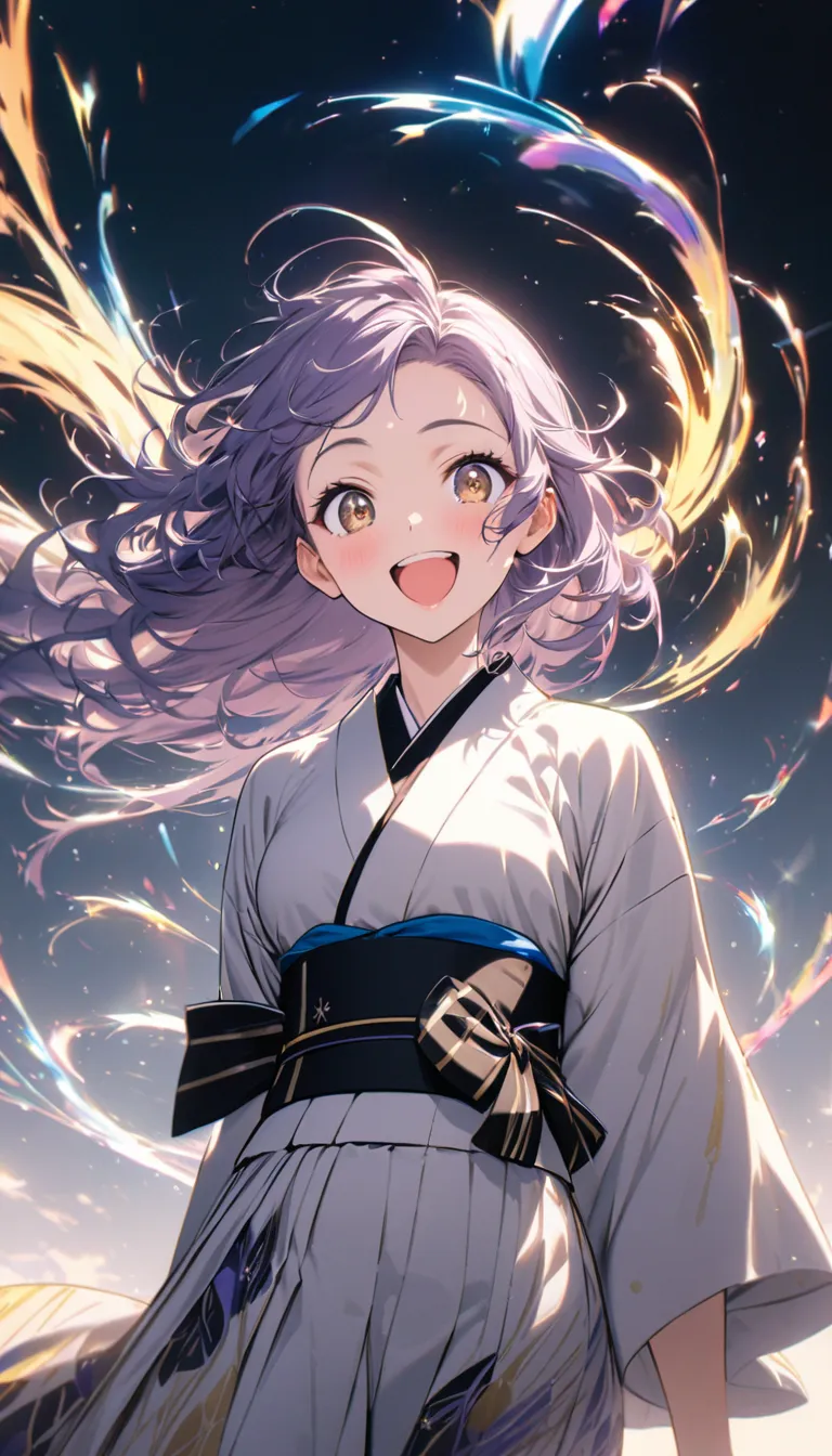 best quality,  super fine, 16k, Incredibly Dumb, very detailed,  cute girl smiles, excited expression, purple unkempt hair, wind, wind-effect, Sparkling Light Brown Eyes , wearing chic Japanese kimono fashion, wonderfully mysterious, Mr.々visual styles that...