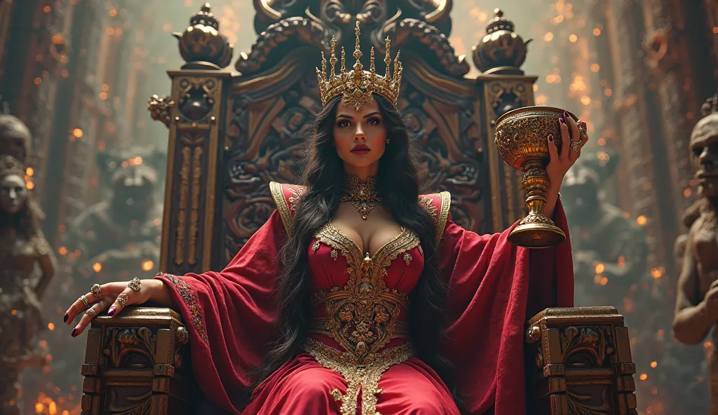 Ultra-realistic 8K image of the Great Harlot from the Book of Revelation, seated on a towering, ornate throne covered in crimson and gold, symbolizing wealth and corruption. She is a stunning yet ominous woman with piercing eyes, draped in luxurious scarle...