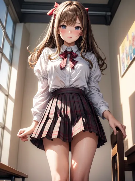 ((masterpiece)), ((best quality)), (super detailed), ((very detailed)), 4K, (8k), best quality, (beautiful),  anime style on the face, full body, looking down from above, full bodyに焦点を当てる, classroom,  cute girl with no left leg, 1 girl, (white sheer blouse...