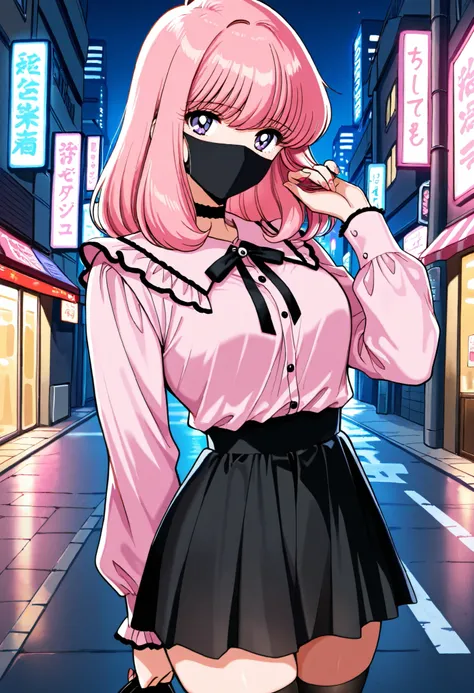 Score_9, score_8_up, score_7_up, source_anime, nakajima_noriko, solo, medium hair, pink hair, purple eyes, (best quality), (high quality), {masterpiece}, extremely delicate and beautiful, ultra-detailed, beautiful detailed eyes, jirai kei, pink shirt, blac...