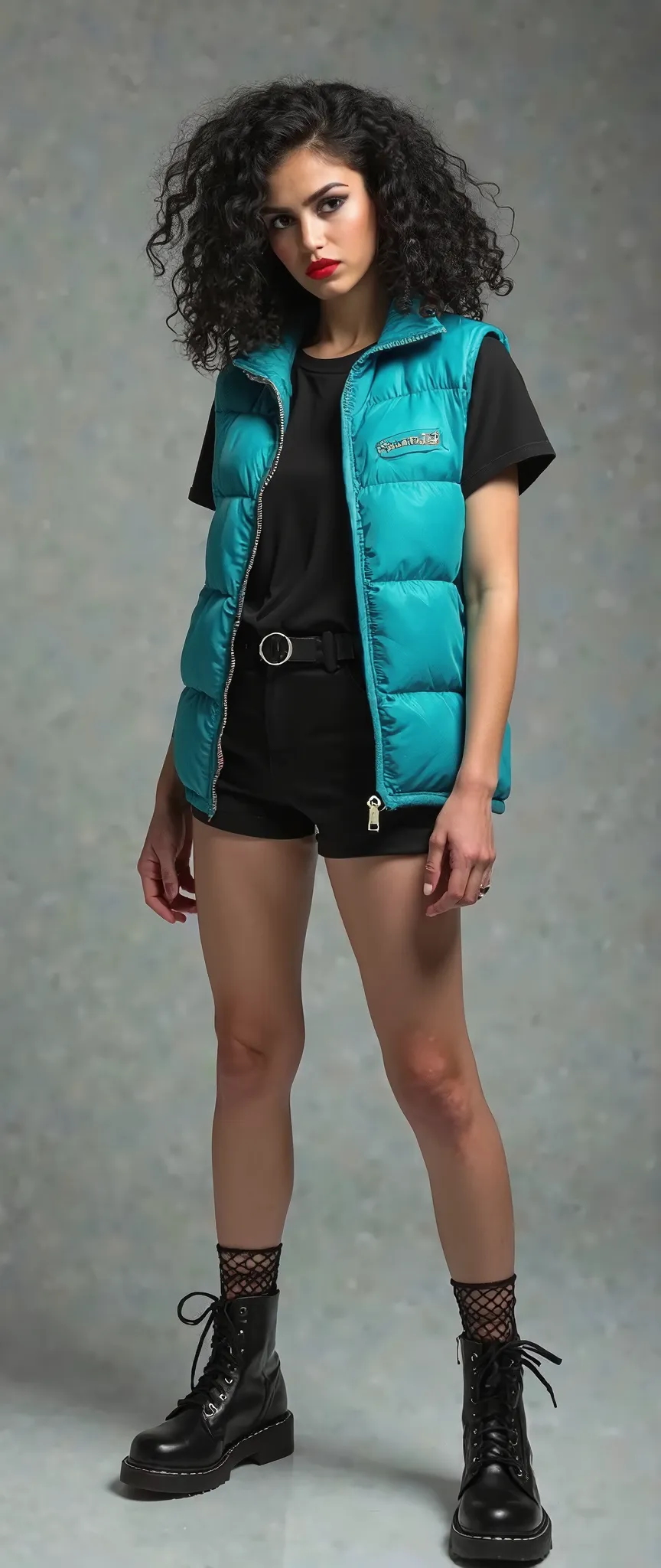 In the realistic style image we see a young woman of 19 years old curly black hair short black makeup around her eyes like eyeliner and eye pencils red lipstick on her lips wearing a black shirt under a vest in turquoise blue shorts jeans short black boots...