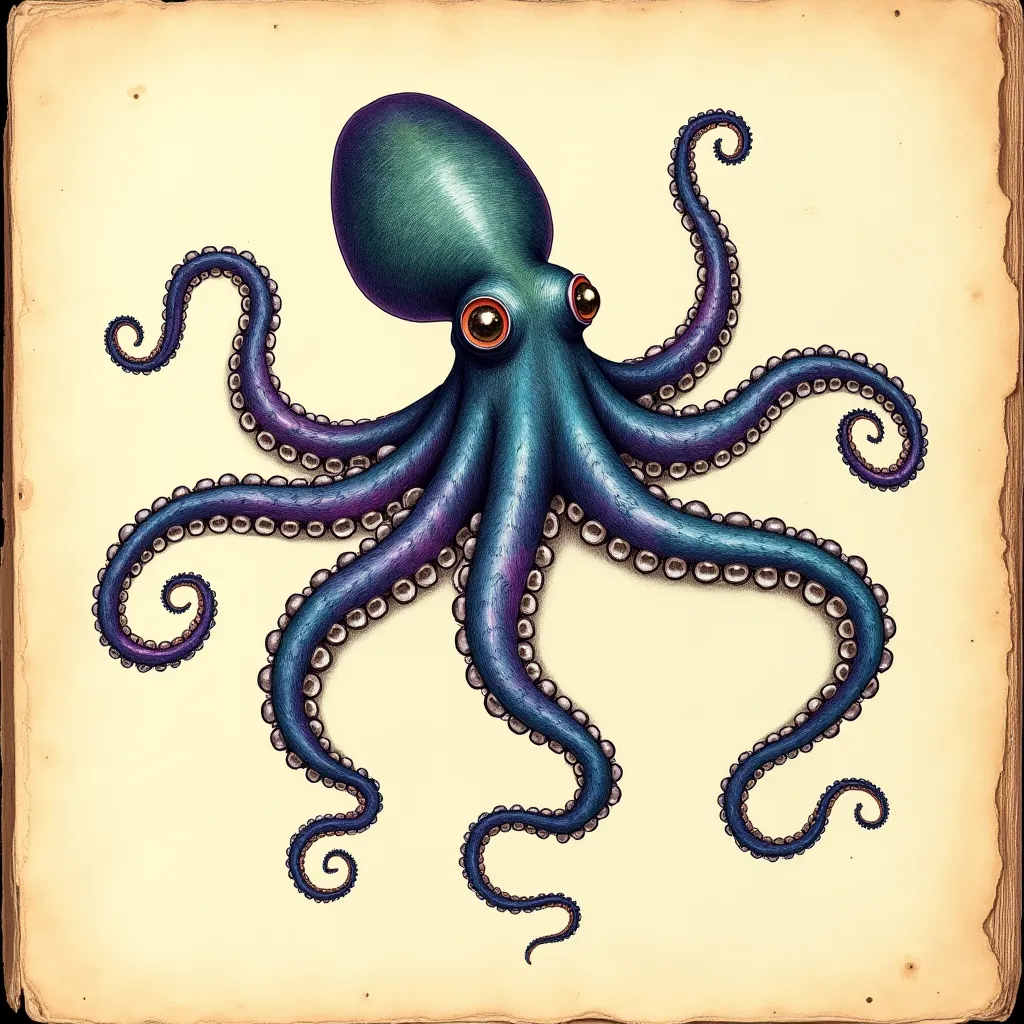 A fantastic and detailed Protoctopus, with elongated and sinuous tentacles, and a siphon longer than usual ,your head longer, wave-shaped pupils, combining a touch of realism with elements of traditional bestiary. The colors are vibrant but with natural sh...