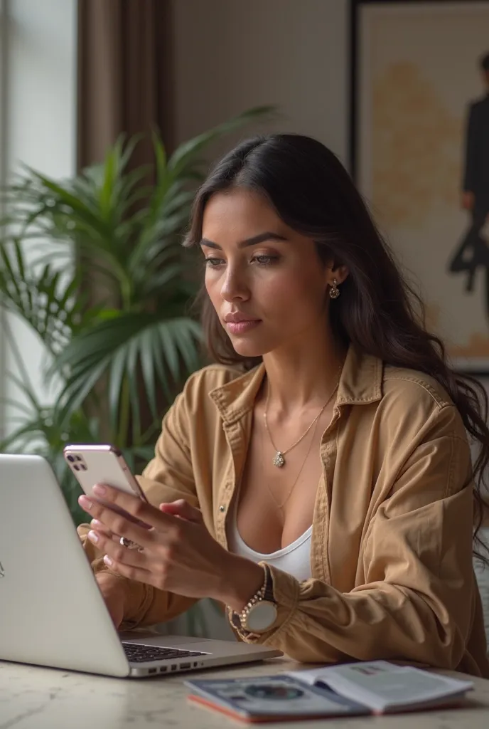 A social media influencer holding a smartphone, checking a message from a brand offering a paid collaboration deal."
