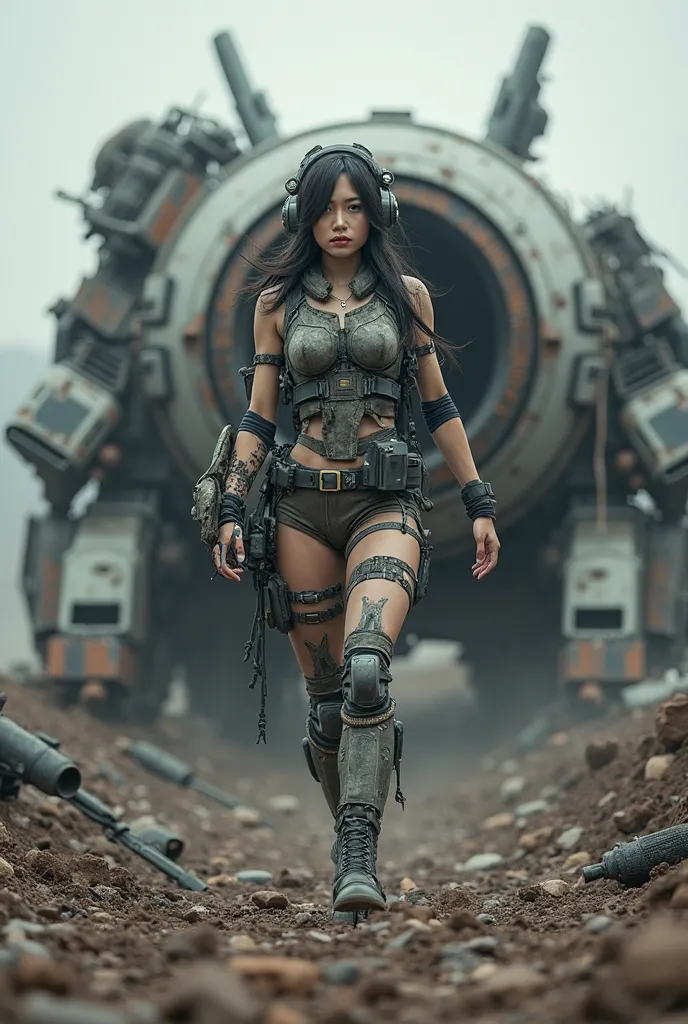  Realistic near future, ARMORED CORE.realistic representation, in the dust, cockpit in the chest of a destroyed robot weapon, beautiful Japanese woman of the Allied Special Forces emerging from the cockpit, damaged combat suit, futuristic headgear, scatter...