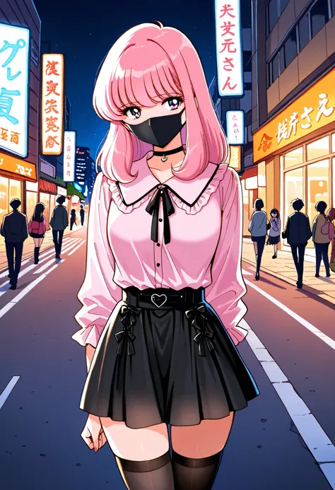 Score_9, score_8_up, score_7_up, source_anime, nakajima_noriko, solo, medium hair, pink hair, purple eyes, (best quality), (high quality), {masterpiece}, extremely delicate and beautiful, ultra-detailed, beautiful detailed eyes, jirai kei, pink shirt, blac...