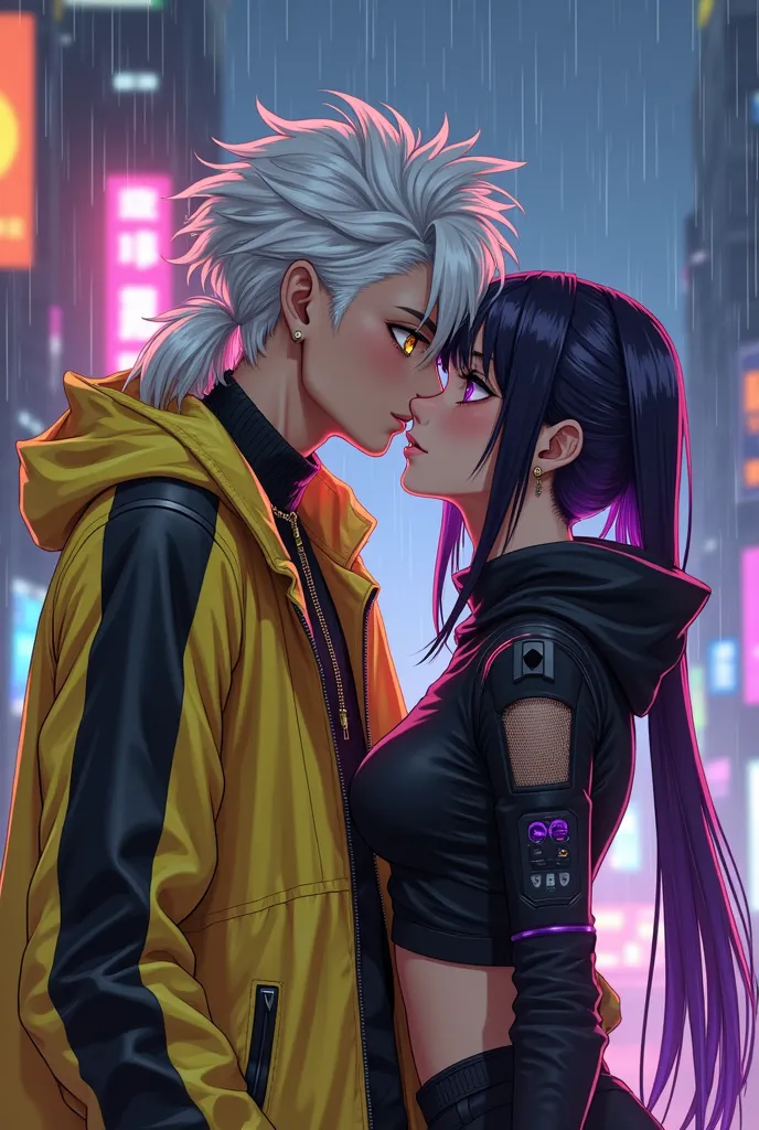 Anime young man, golden eyes, long white hair, mullet hairstyle, his clothes are neon yellow and black, arrogant expretion, futuristic clothes, he is on the top of a state, kissing a girl, she got black hair buzzcut, she got purple eyes and black and purpl...