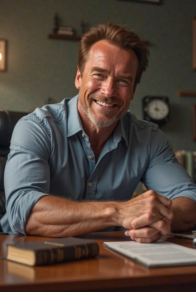 Arnold Schwarzenegger smiling sitting at an office desk with a Bible on the table