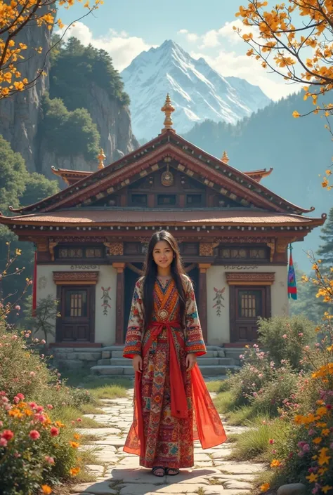 Generate a traditional bhutanese house with a girl standing in the front celebrating International Women's Day