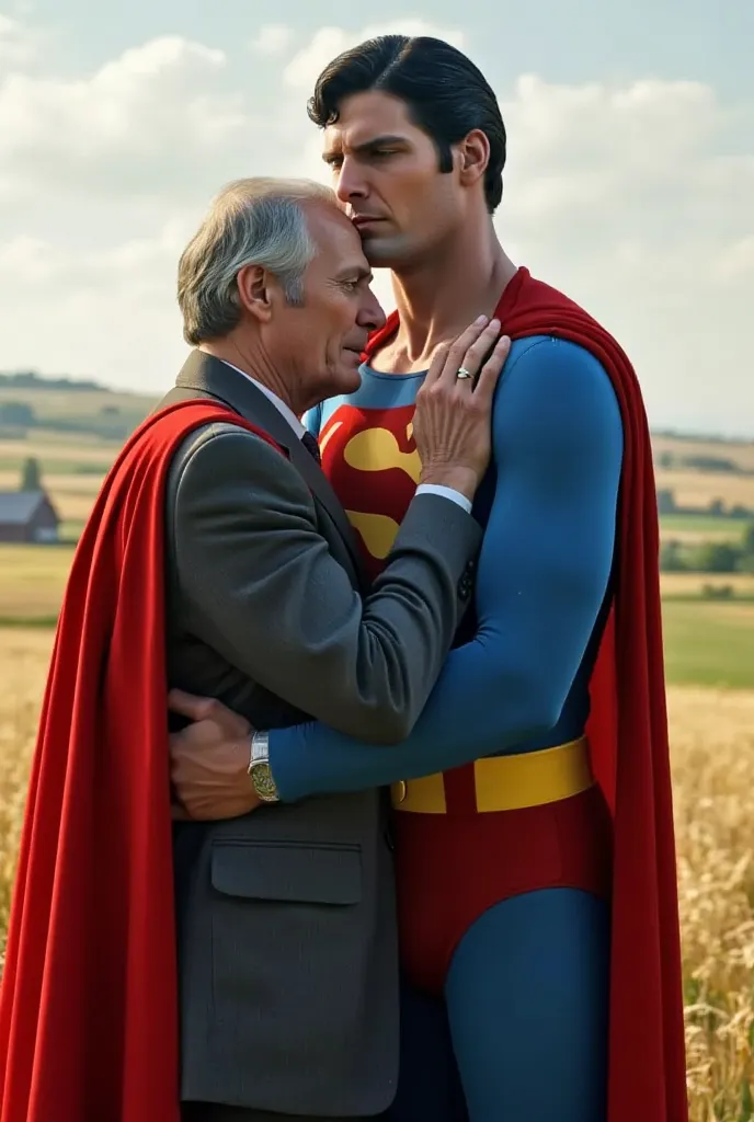  Superman tells him his father Jonathan has passed away，He is Superman . Jonathan is a 70 year old farmer .  Jonathan touches Superman's chest with his hand .   They kissed each other  .