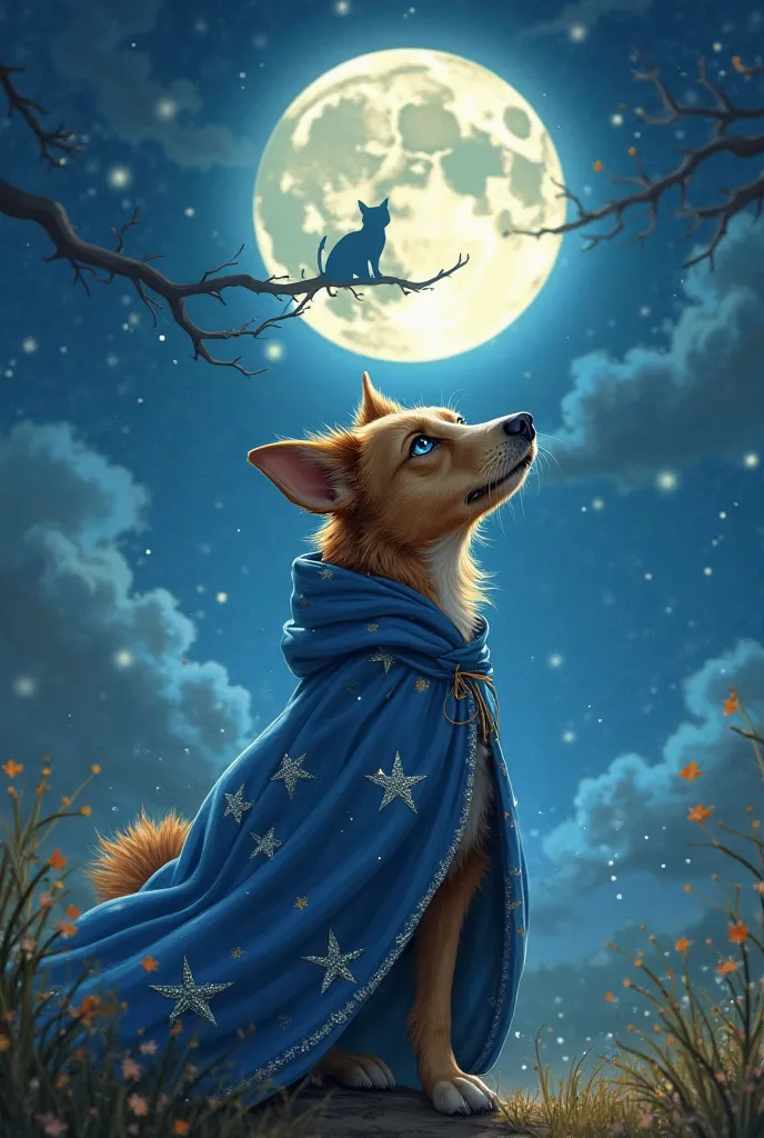 dog in a blue wizard costume with silver star print watching the full moon that has a silhouette of a cat