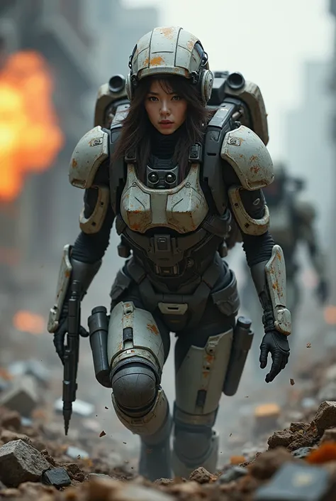  Realistic near future, realistic representation, in the dust, cockpit in the chest of a destroyed robot weapon, beautiful Japanese woman of the Allied Special Forces emerging from the cockpit, damaged combat suit, futuristic headgear, scattered rubble and...