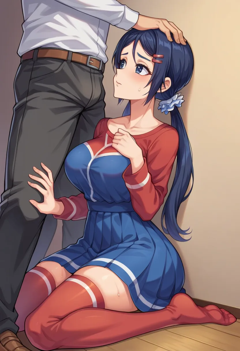 score_9, score_8_arriba,      sharp focus,, absurdres,   highres,       illustration, me_facing,  a girl, ojos Dark blue,  Dark blue, braids of hair, diadema, scrunchie,  hair clips, blouse, skirt, red stockings, neckline, big breasts, best quality, Sittin...