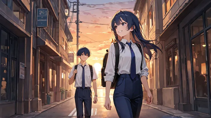 A boy who wearing white shirt, dark blue pants, dark blue tie, holding a backpack is walking in the street, sweet smile, looking away, sunset.