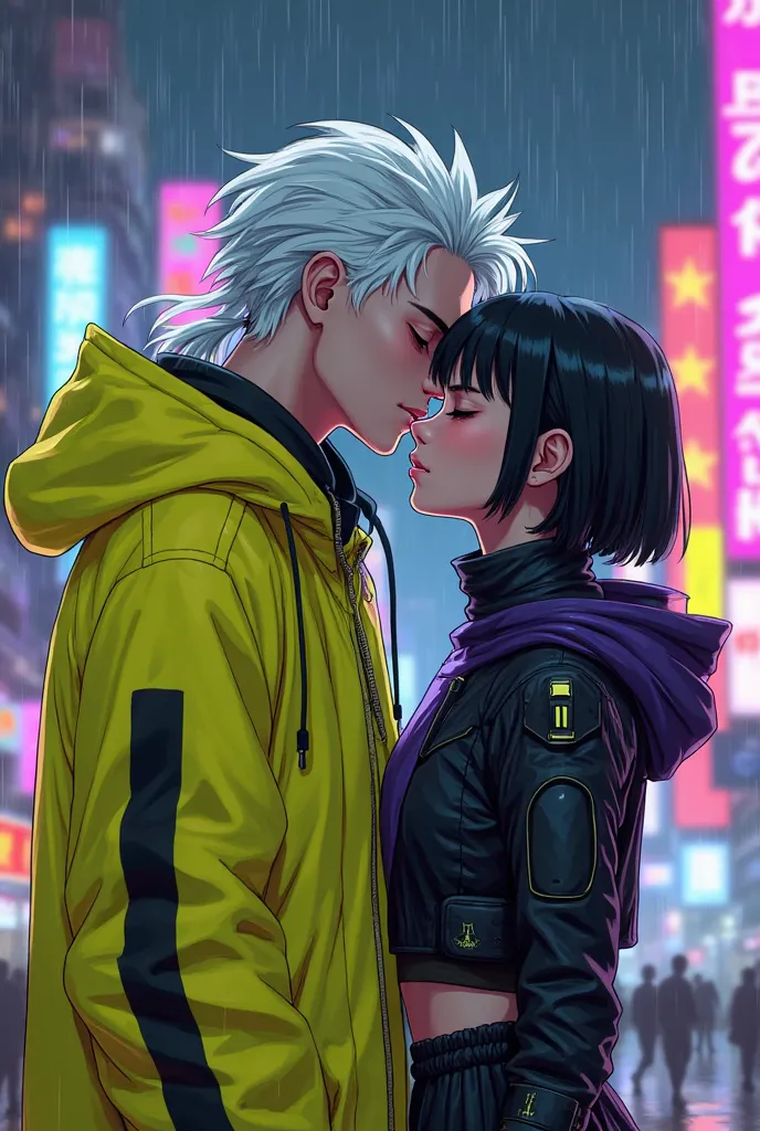 Anime young man, closed, long white hair, mullet hairstyle, his clothes are neon yellow and black, arrogant expretion, futuristic clothes, he is on the top of a state, kissing a girl, she got black hair buzzcut, she got closed eyes, she got black and purpl...