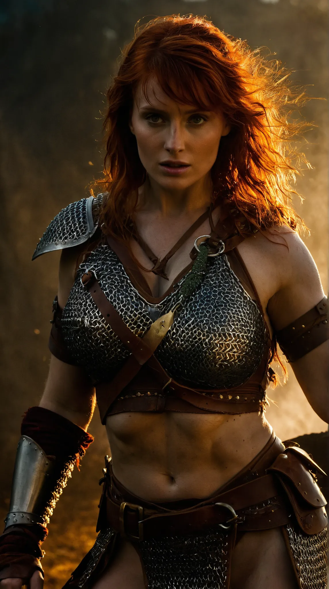 bryce dallas howard, fantasy barbarians, red sonja, skimpy chainmail style bikini armor, exhausted, messy hair, sweat, dramatic lighting,realistic, 8K, bryce dallas howard as red sonja, exhausted fantasy barbarian warrior in skimpy chainmail bikini armor, ...