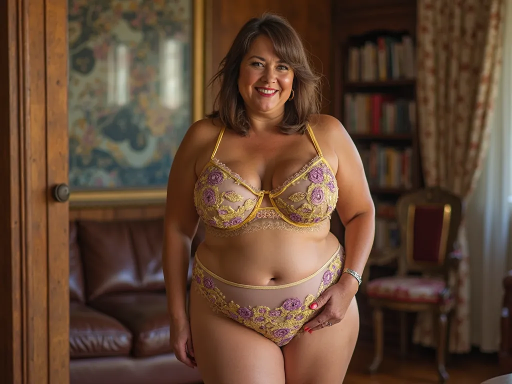  two 50-year-old mature women size m ,80 kilos ,165 meters height, Beautiful full body modeling, toned in sexy transparent lingerie with delicate leopard print, transparent high-size pants up to the hips, transparent yellow and purple embroidered bra , pan...