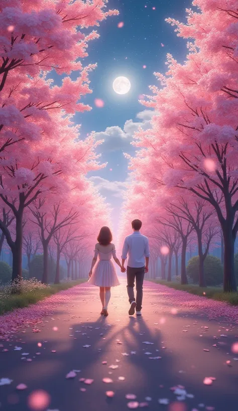 fantasy space　 full moon　starry sky　 beautiful and cute woman,Short shoulder-length hairstyle,handsome, young man,The background is cherry blossoms in full bloom,shines in pink gold,fantasy space,cherry blossoms dance all over,tree-lined road,hand in hand,...