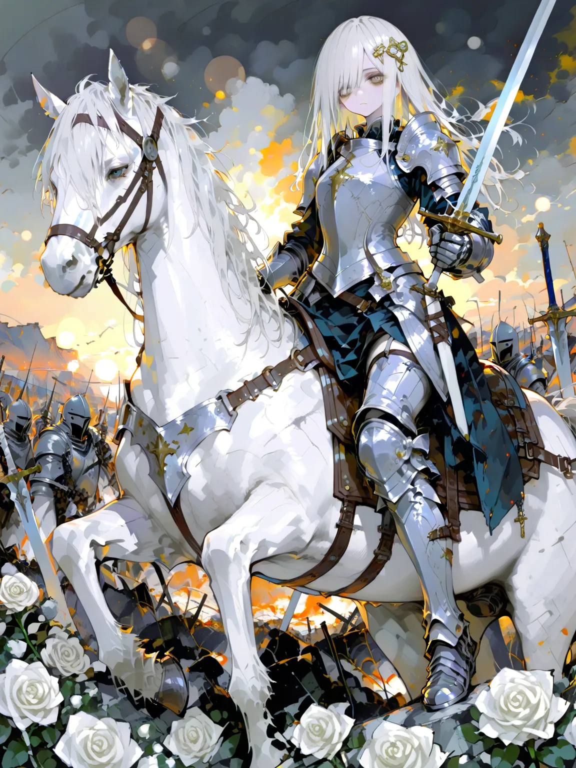 1 girl, knight, armor, riding white horse, sword, battlefield, (many white rose:1.1), (pale tone:1.1), (artistic shot:1.1), bokeh,warm lighting,white rose scatter,
(masterpiece:1.1), high score, great score, absurdres, (super fine illustration), official a...