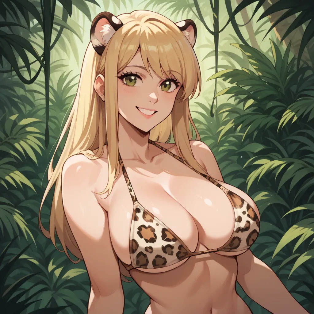 Lucy Heartfilia
(character), , blond hair,  rounded animal ears, looking at the spectator,  smile, brown eyes, white leopard print bikini, cabello largo, big breasts,  Background a jungle.