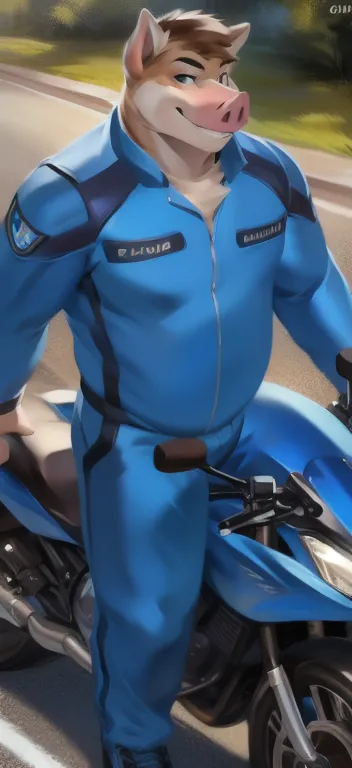 alone , Male tall , Riding a motorcycle on the go., road,pig , Blue Military Spacesuit, Wear a blue scarf., Overweight , strapped muscles , Smirk, by chunie