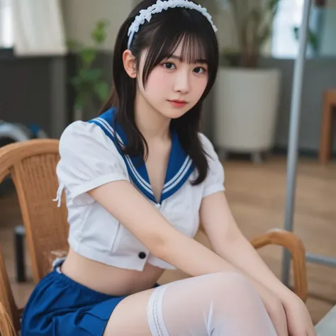 Photo quality is 16k, the best quality, photo-realistic, sharp focus, eyes and face have many details. A 16-year-old beautiful girl in a sexy Japanese schoolgirl cosplay outfit, with the following details:
A short white crop top with an open chest design, ...