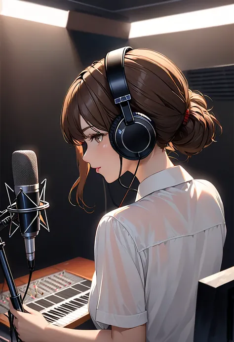 masterpiece, best quality, super detailed,  illustration of a woman with a penis ,, [Recording Booth, Alone, microphone,  headphones , realistic, brown hair,  shirt, cable, white  shirt, from behind, microphone, microphone stand,  