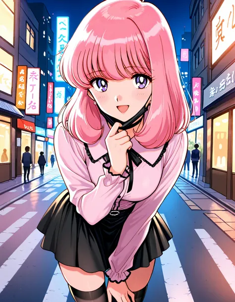 Score_9, score_8_up, score_7_up, source_anime, nakajima_noriko, solo, medium hair, pink hair, purple eyes, (best quality), (high quality), {masterpiece}, extremely delicate and beautiful, ultra-detailed, beautiful detailed eyes, jirai kei, pink shirt, blac...