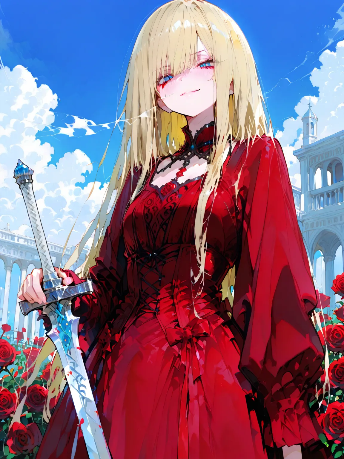 {{masterpiece:1.2, best quality:1.3,masterpiece, extremely fine and beautiful:1.5,highly detailed:1.5}},In front of the palace garden where many red roses are planted, a cute  with blonde hair and blue eyes wearing a red dress holds a sword high, with an a...