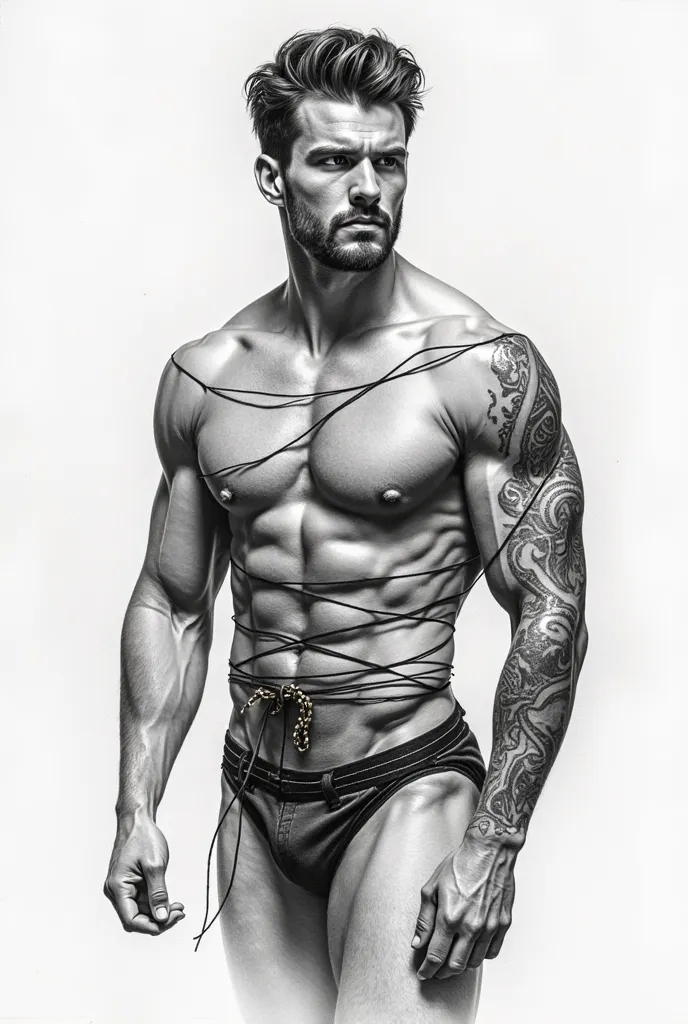 It is for a tattoo just in case for a dominateix and it is a tattoo of a man with the following characteristics Artistic drawing in black and gray ink of a sexy and athletic man,  with defined features and an intense look , elegantly tied with Shibari stri...