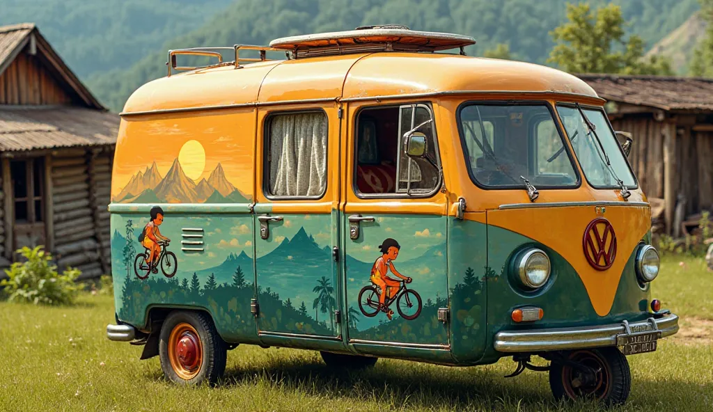 

"A retro-style auto-rickshaw converted into a mini camper van, adorned with vibrant murals depicting mountain landscapes, ren riding bicycles, and a golden sunset in the background. The vehicle features small windows with curtains peeking through, giving...