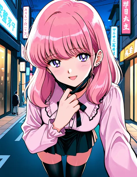 Score_9, score_8_up, score_7_up, source_anime, nakajima_noriko, solo, medium hair, pink hair, purple eyes, (best quality), (high quality), {masterpiece}, extremely delicate and beautiful, ultra-detailed, beautiful detailed eyes, jirai kei, pink shirt, blac...