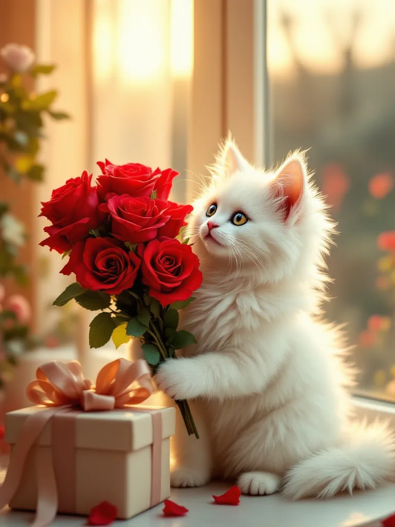 A white fluffy cat is standing with a large bouquet of red roses, there is a large gift box with a bow next to it, the sun is shining outside the window, early spring, morning,High resolution,  realistically , professional photo, super detail in 
