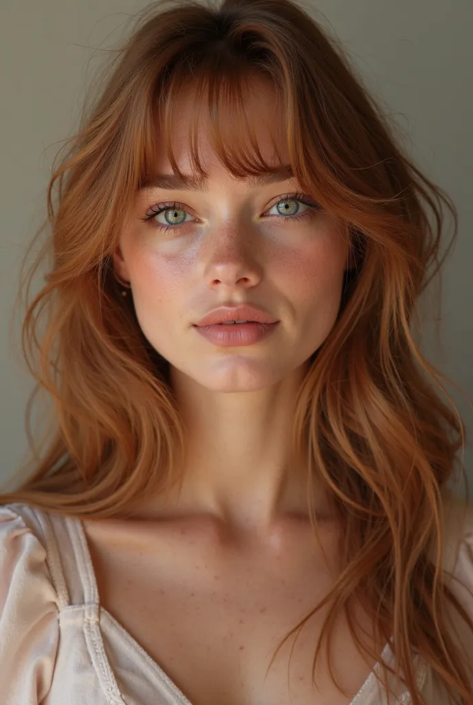 "Create a realistic full-body portrait of a confident young woman standing upright. She is around 22 years old, with long, wavy, reddish-brown hair and bangs reaching her cheeks. Her skin is warm brown with natural textures, including visible pores and fin...