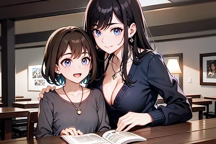 two women having a fun conversation in a restaurant, not looking at the camera ,Salad on the table、[drink, angle looking up, Woman on the right  :Look to the left、manicured eyebrows、  plump breasts、 style、Inside the ruins、Light purple narrow eyes、young wom...