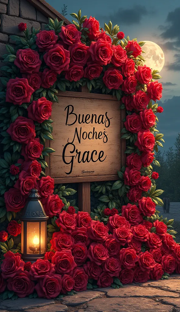 Large arrangement of roses with sign that says in Spanish "GOOD NIGHT GRACE" at night 