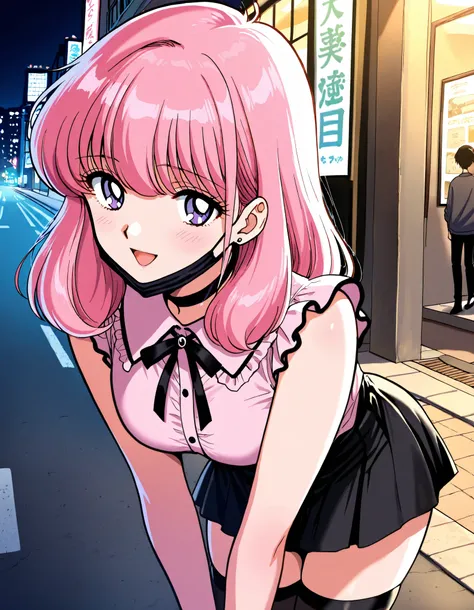 Score_9, score_8_up, score_7_up, source_anime, nakajima_noriko, solo, medium hair, pink hair, purple eyes, (best quality), (high quality), {masterpiece}, extremely delicate and beautiful, ultra-detailed, beautiful detailed eyes, jirai kei, pink shirt, blac...