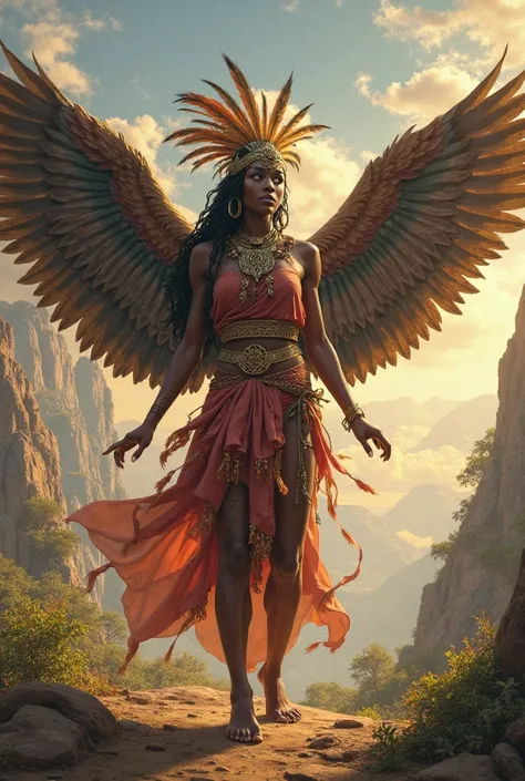 Create a picture which show a women is like eagle and needed to open her wings to fly in higher attitude. Consider african culture in terms of clothes